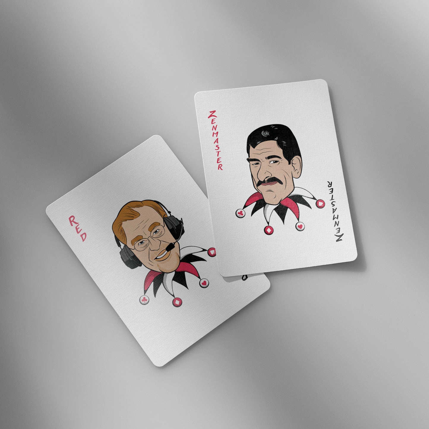 Close-up of Bulls playing cards showing Joker cards with iconic player caricatures