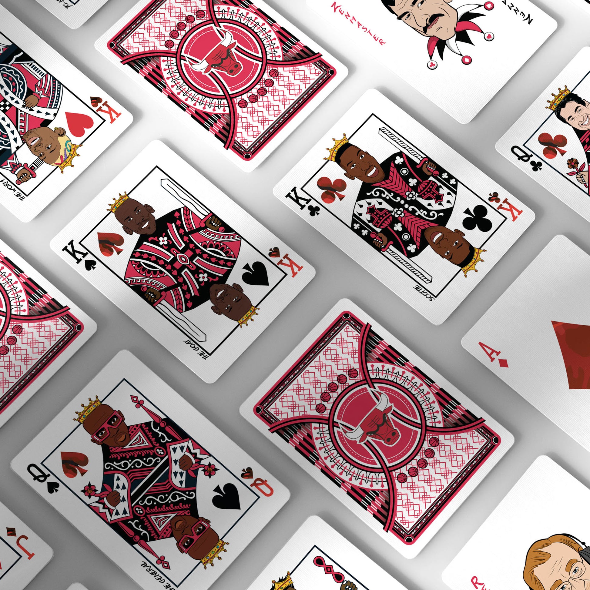 Bulls collectible playing cards with hand-drawn caricatures of iconic players