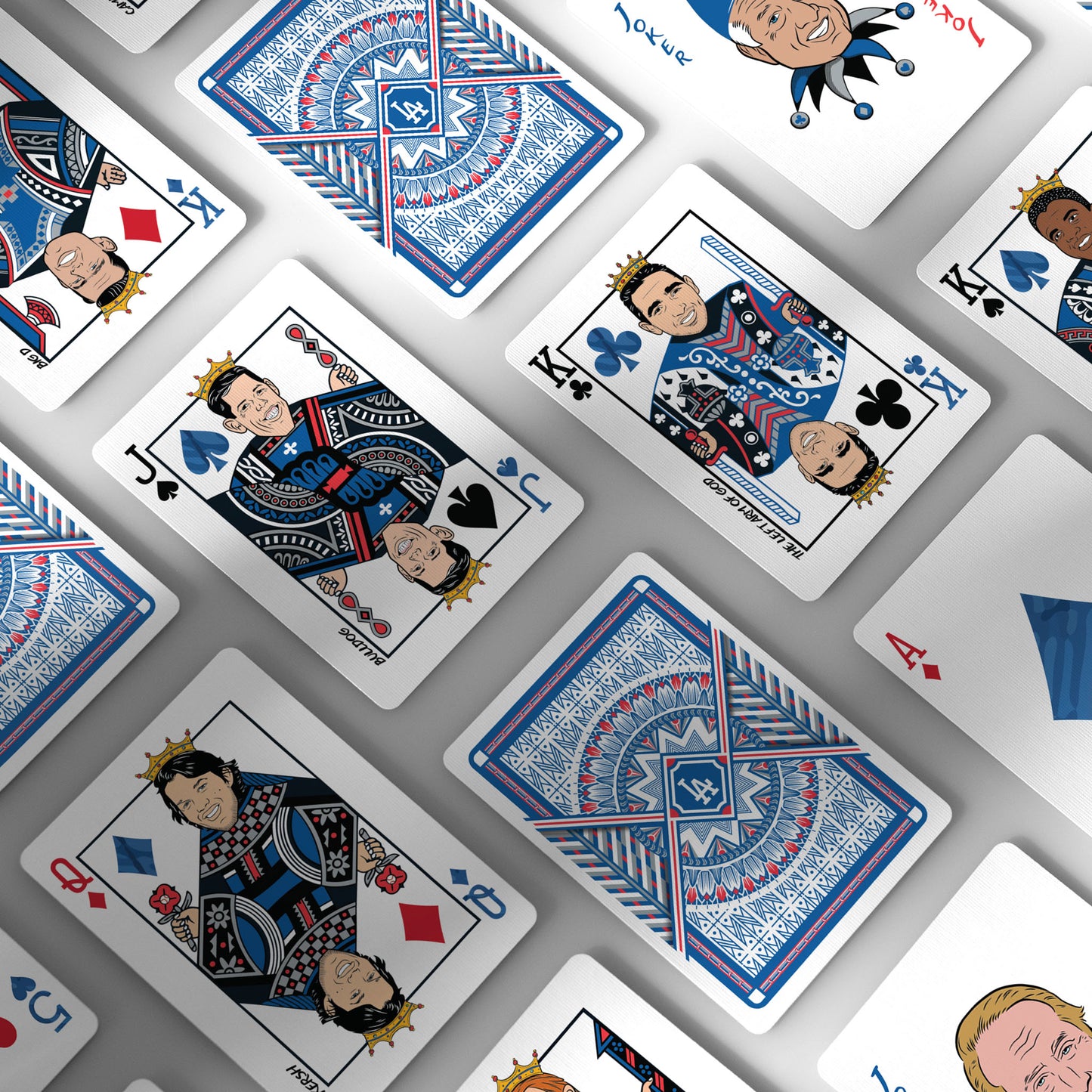 Dodgers collectible playing cards with hand-drawn caricatures of iconic players