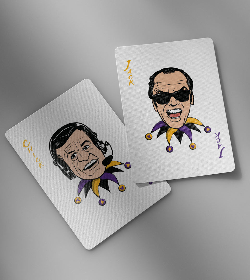 Playing cards featuring hand-drawn caricatures of Jack Nicholson and Chick Hearn as Jokers in a Lakers-themed deck