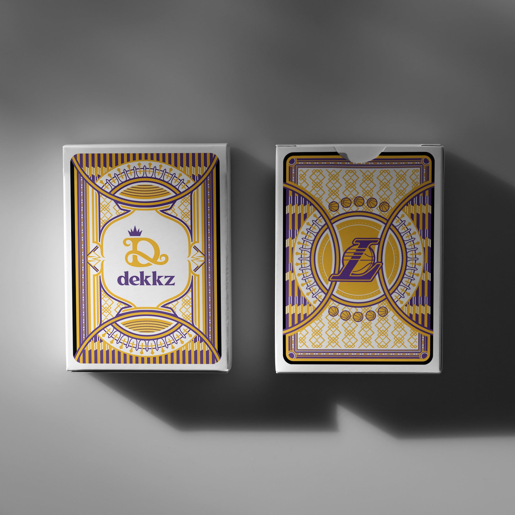 Lakers playing cards in premium box packaging with Dekkz branding