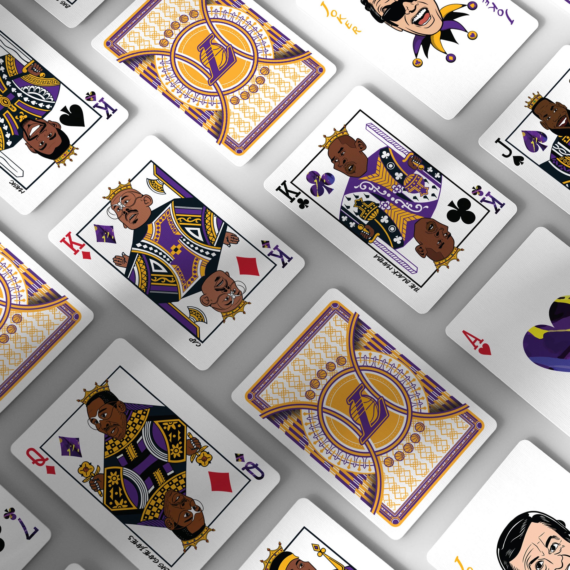 Lakers collectible playing cards with hand-drawn caricatures of iconic players